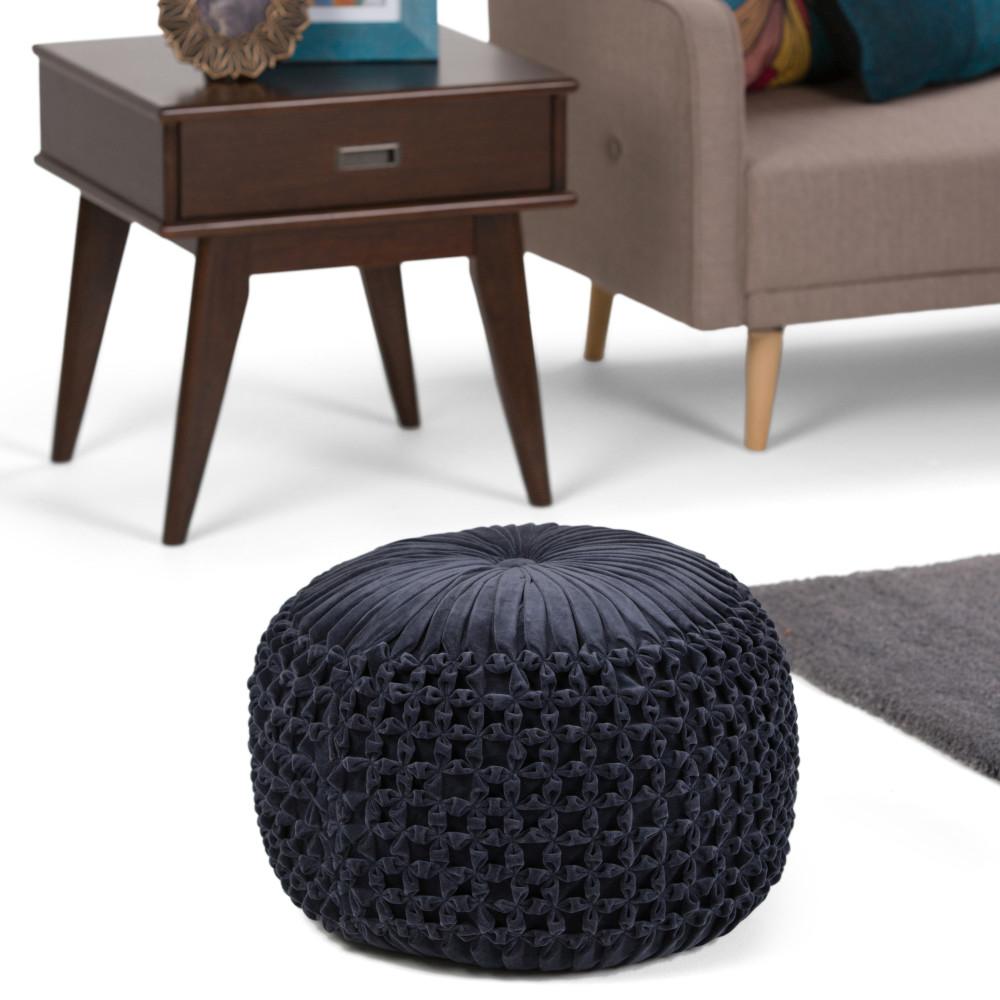 Navy Velvet Fabric | Renee Velvet Round Pouf