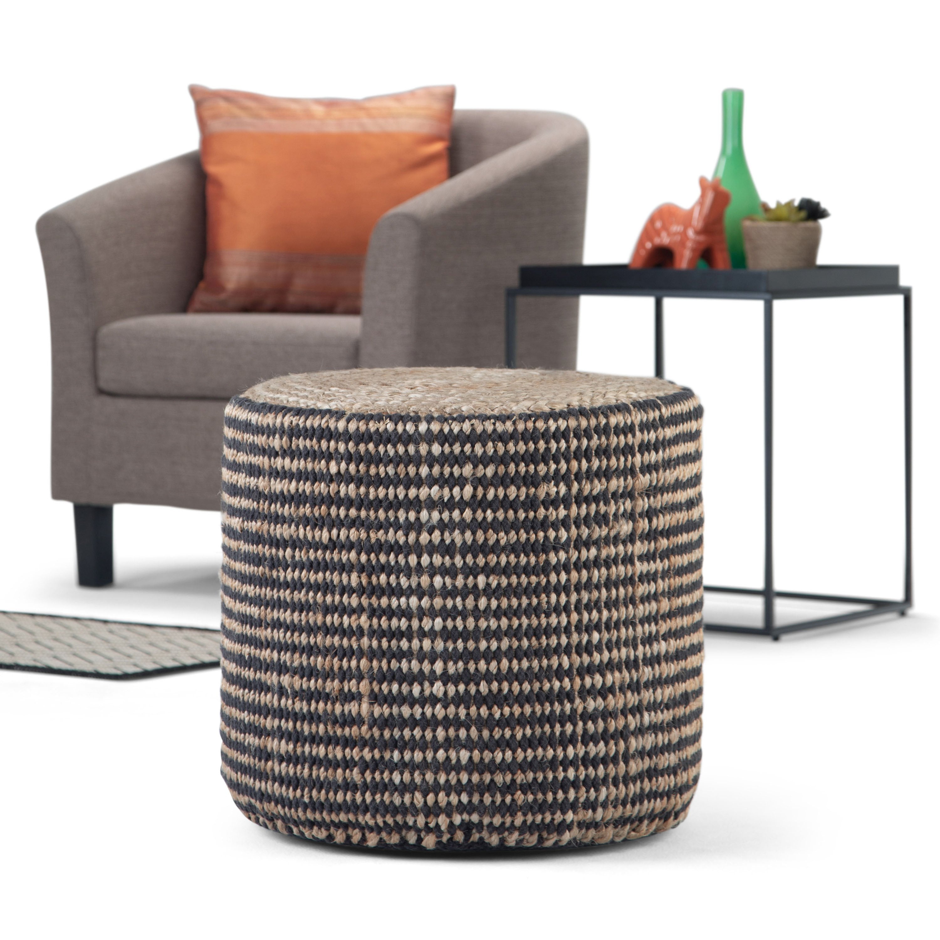 Natural and Black | Larissa Round Braided Pouf