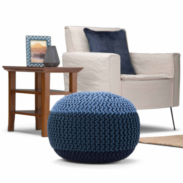 Blue | Nikki 20 in Wide Hand Knit Round Pouf