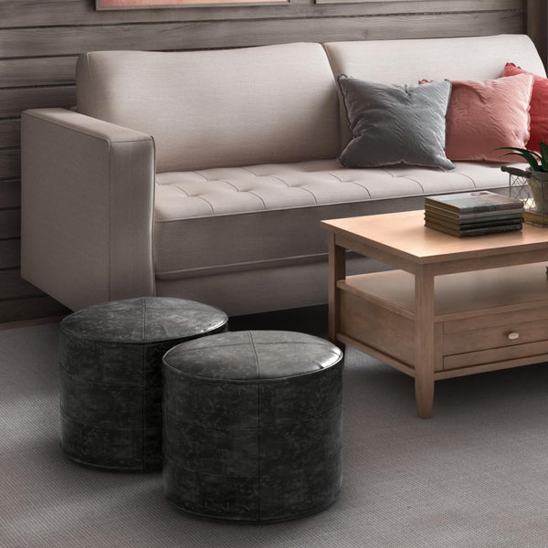 Distressed Black | Connor Round Leather Pouf