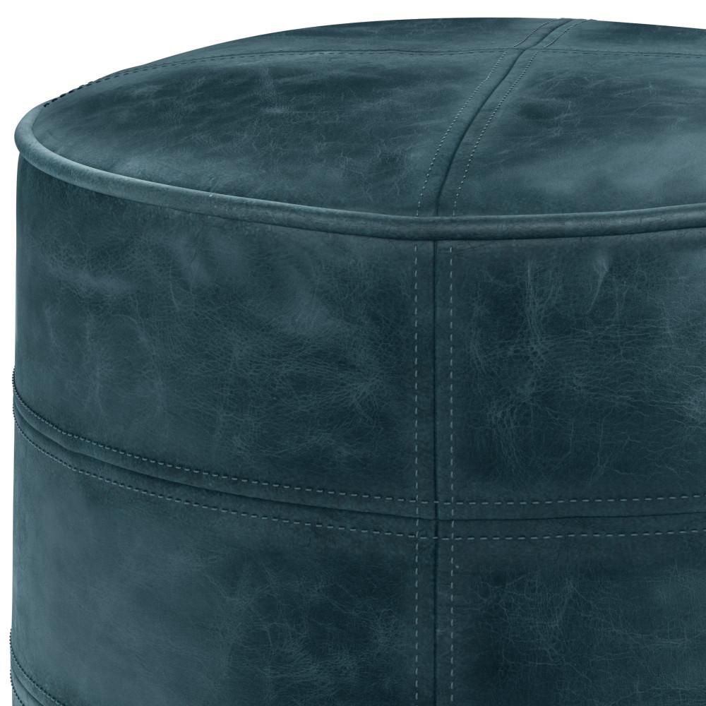 Distressed Teal Blue | Connor Round Leather Pouf