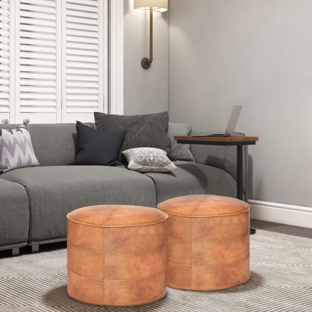 Distressed Light Brown | Connor Round Leather Pouf