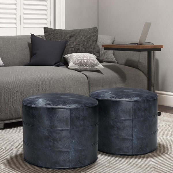 Distressed Navy Blue | Connor Round Leather Pouf