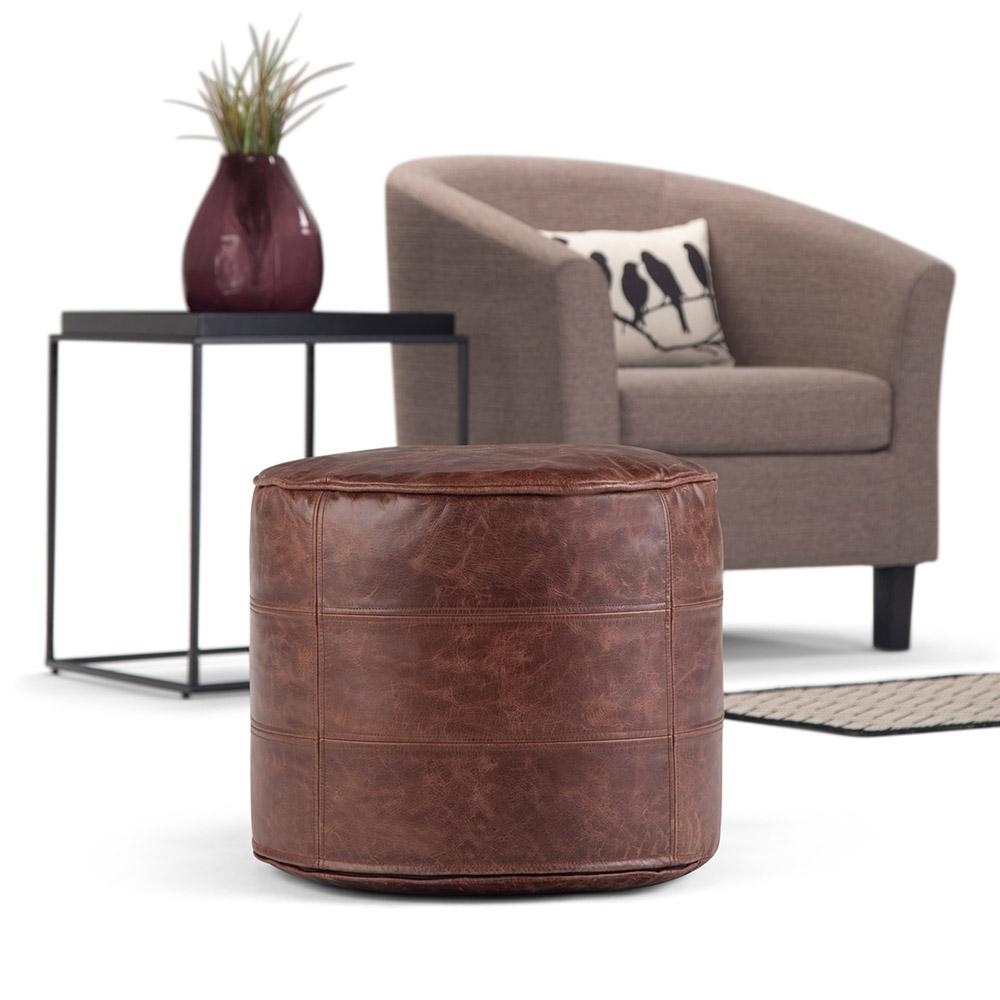 Distressed Brown | Connor Round Leather Pouf