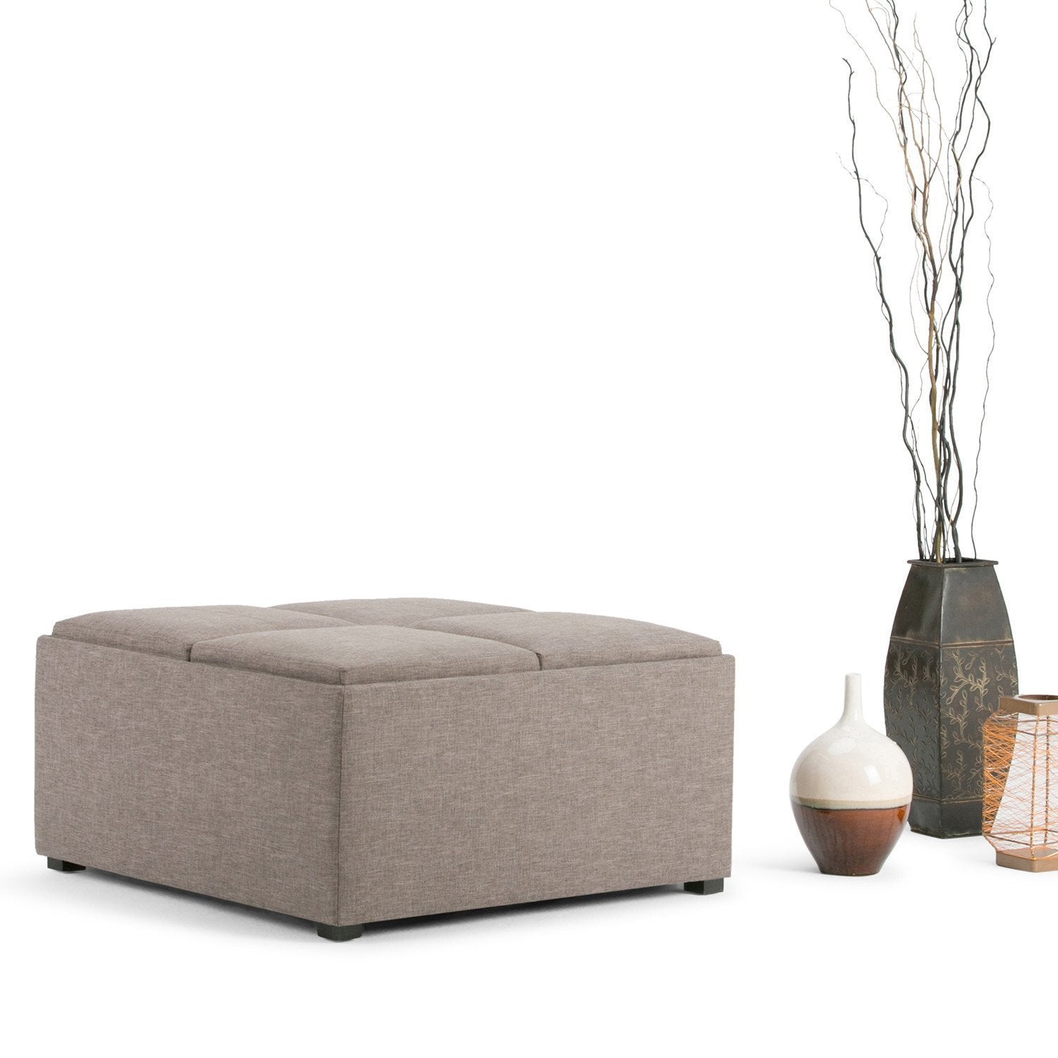 Fawn Brown Linen Style Fabric | Avalon Vegan Leather Square Coffee Table Storage Ottoman