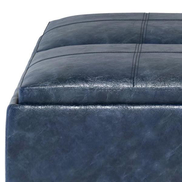 Denim Blue Distressed Vegan Leather | Avalon Vegan Leather Square Coffee Table Storage Ottoman 