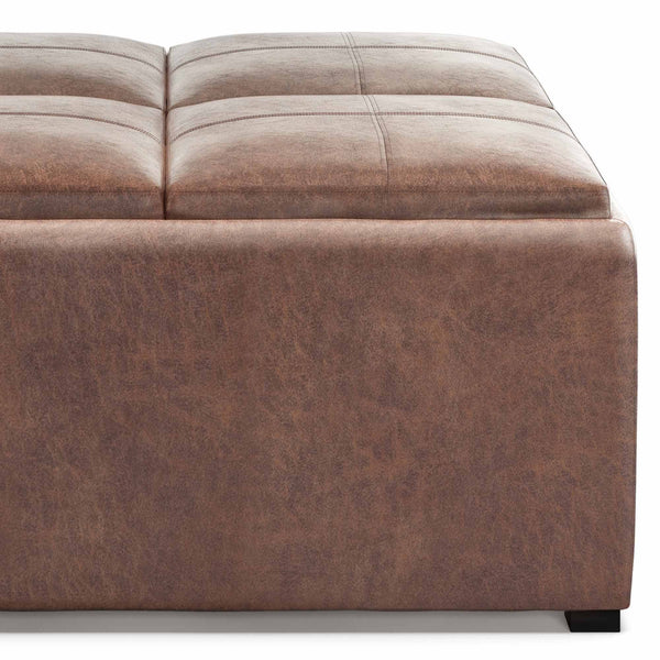 Distressed Umber Brown Distressed Vegan Leather | Avalon Vegan Leather Square Coffee Table Storage Ottoman