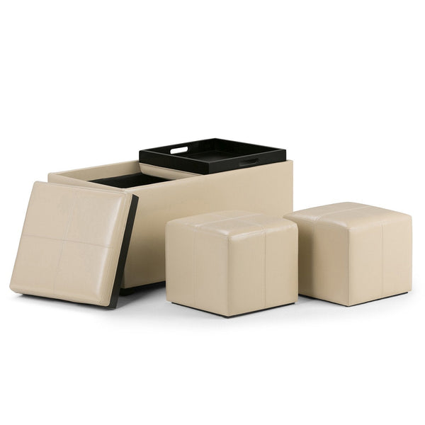 Satin Cream Vegan Leather | Avalon Vegan Leather 5 piece Storage Ottoman