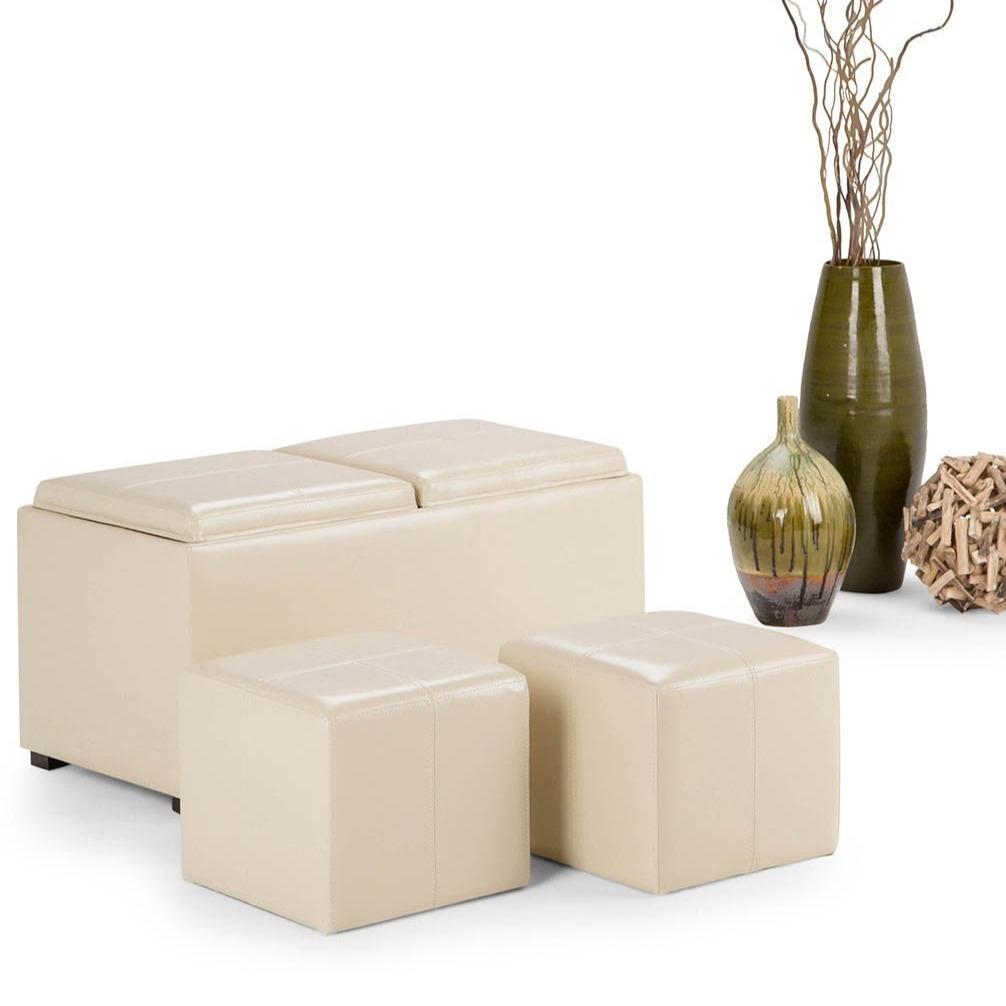 Satin Cream Vegan Leather | Avalon Vegan Leather 5 piece Storage Ottoman